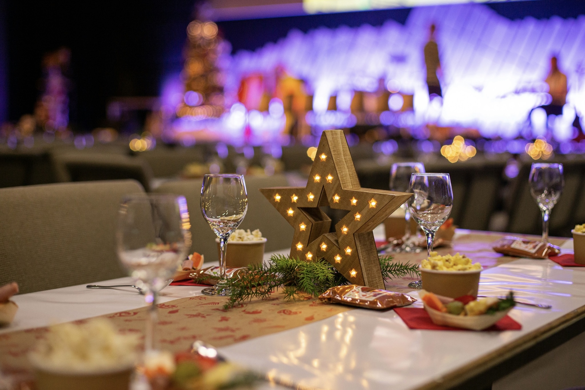 A small professional luncheon after the meal with a speaker presenting while guests listen