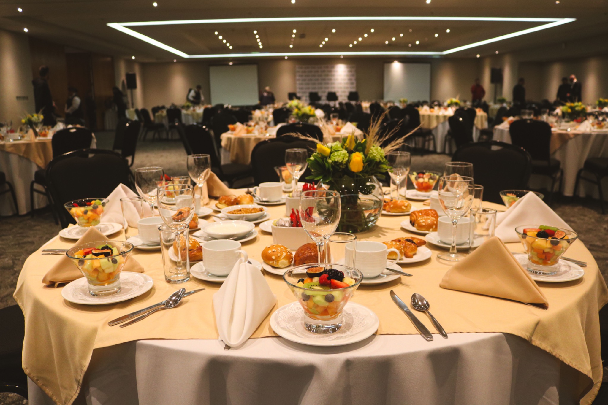 Banquet room prepared for a gathering