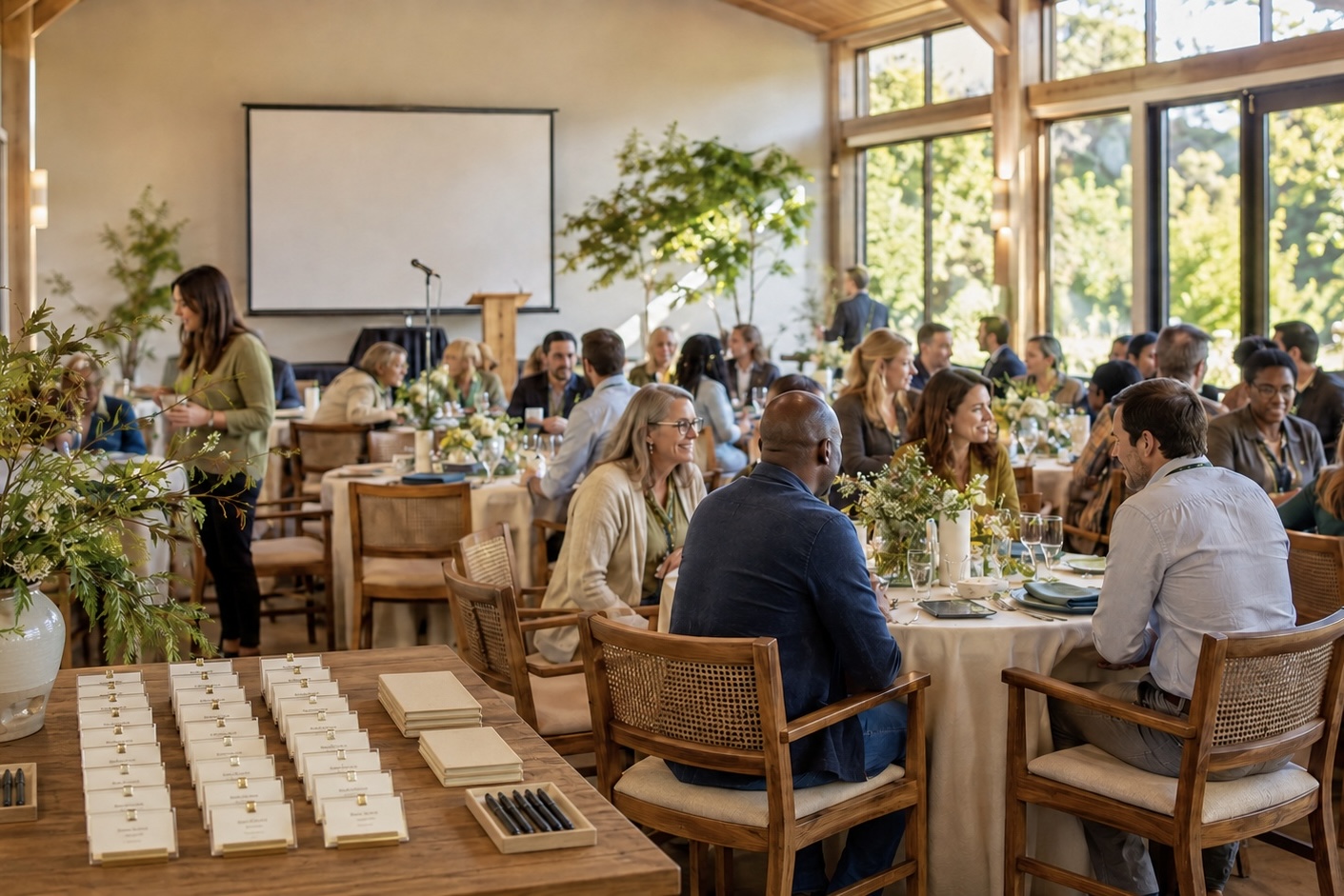 A small professional luncheon with guests eating and talking, name tags, pens and notepads ready, and an empty speaker area