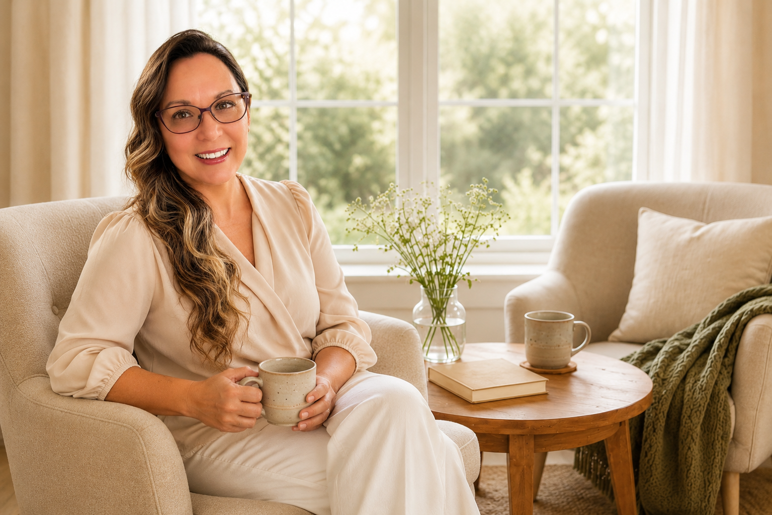 Lynndel seated in a comfortable cream chair